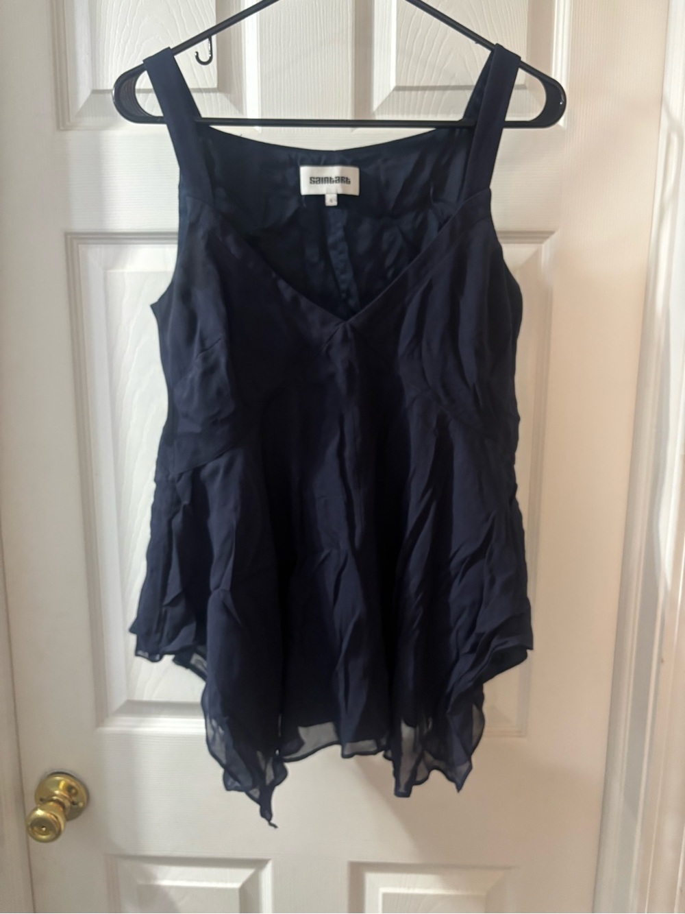 Saint Art New York Navy V-Neck Chiffon Camisole with Handkerchief Hem
